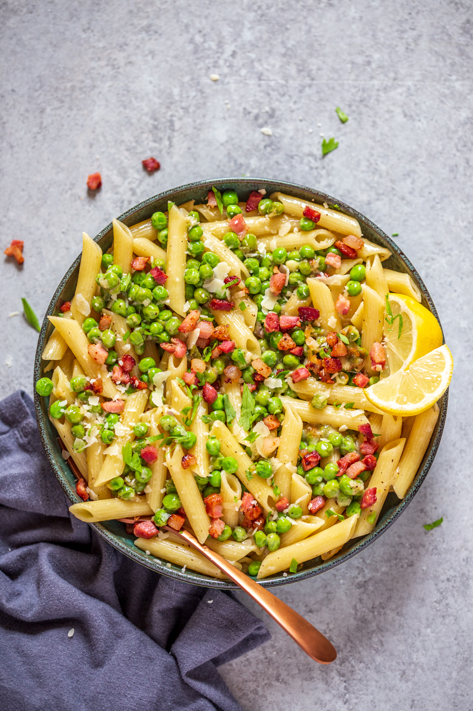 Crispy Pancetta and Sweet Pea Ziti - Strawberry Blondie Kitchen